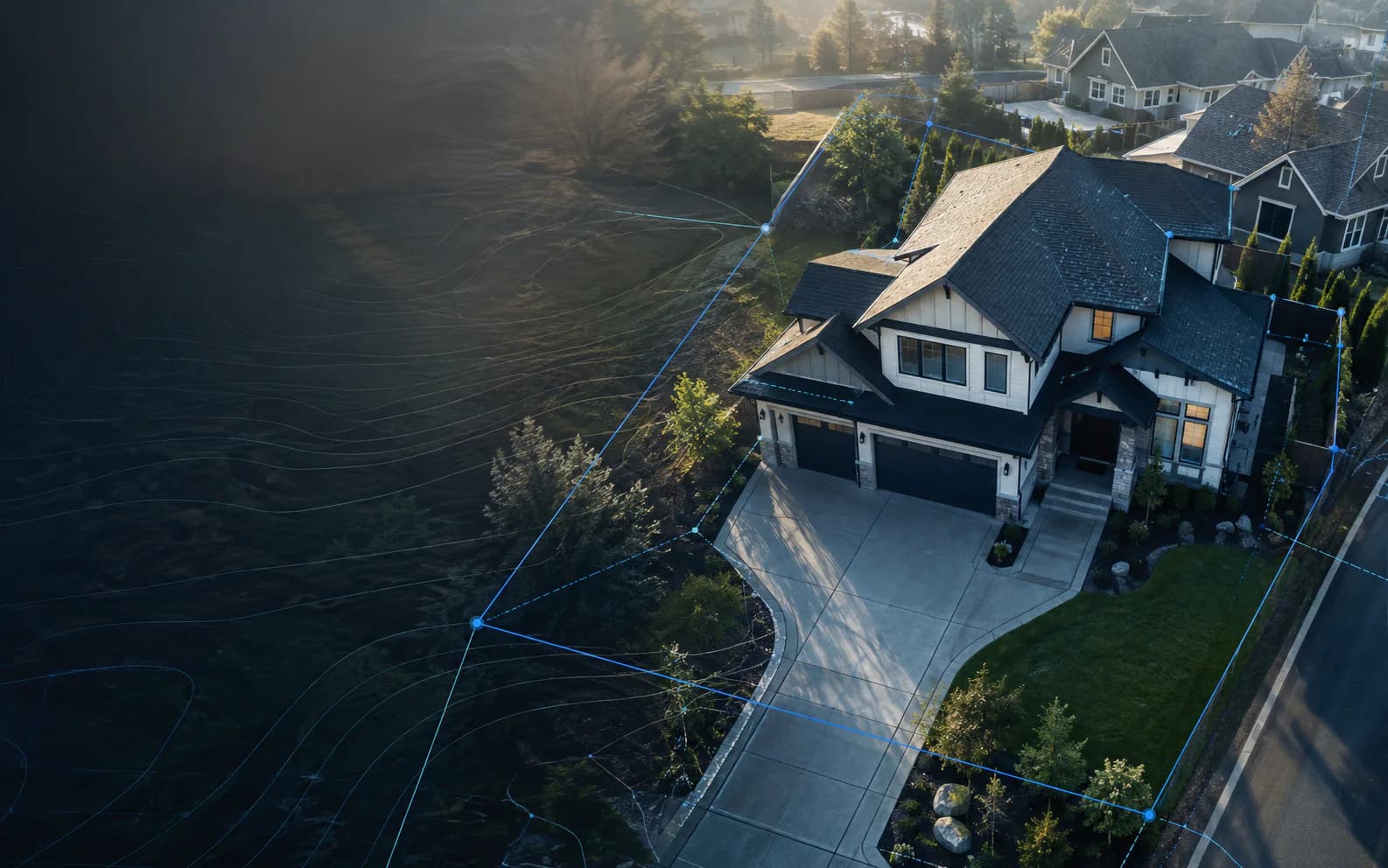 Aerial property view with restrained intelligence boundaries