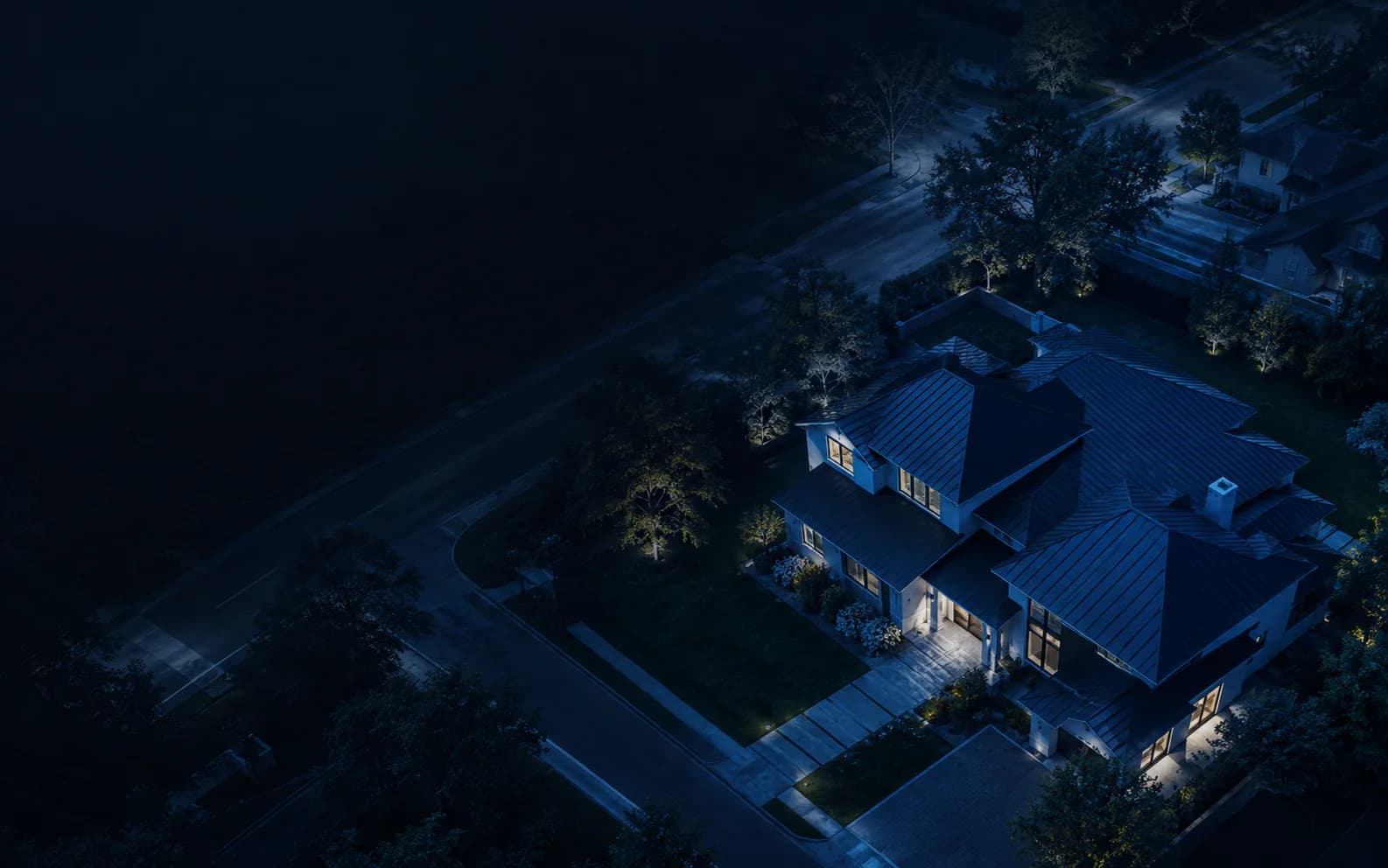 Aerial view of a US residential property at blue hour